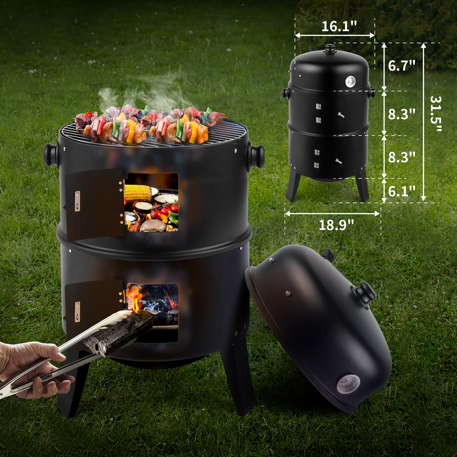 32" Charcoal Smoker BBQ Grill 3IN1 Outdoor Vertical Smoke Portable Meat Cooker
