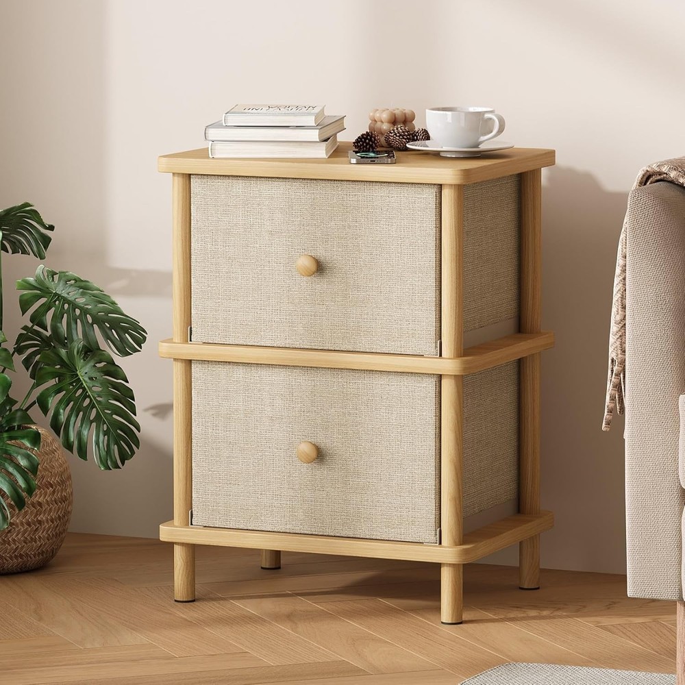 Nightstand W/ 2 Storage Drawers Boho Side Table W/ Solid Wood Legs End Table