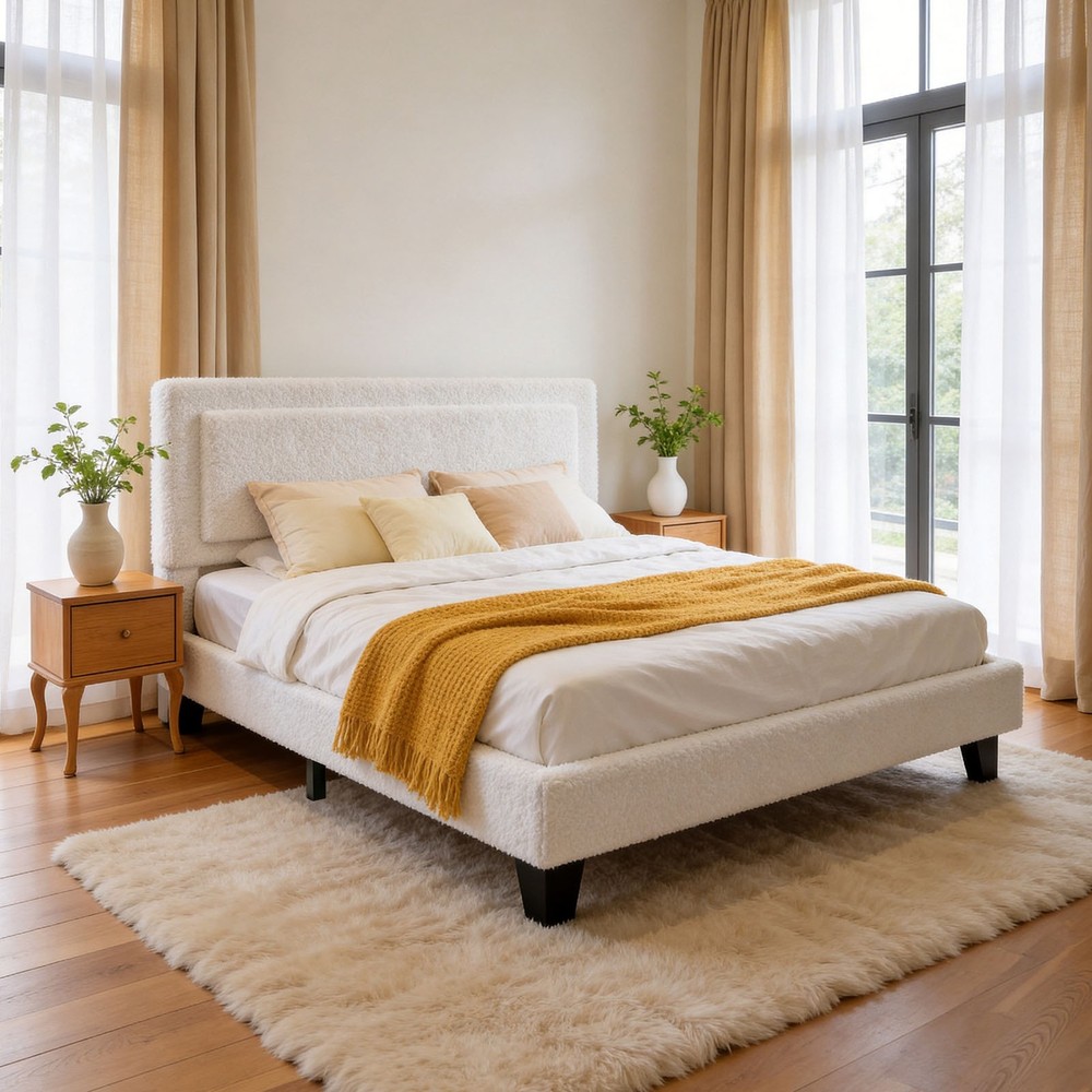 Bed Frame Full Size Upholstered Bed Frame with Adjustable Headboard Solid Wood