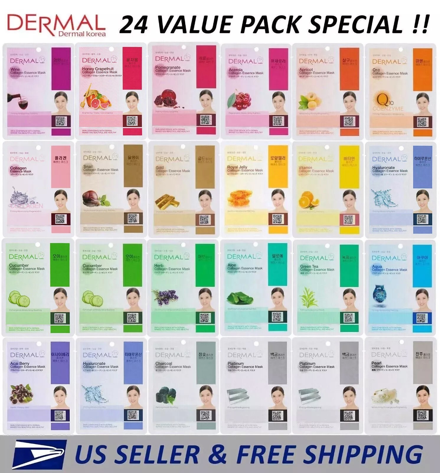 Dermal Korea Collagen Essence Full Face Facial Mask Sheet (24 Combo Pack) New