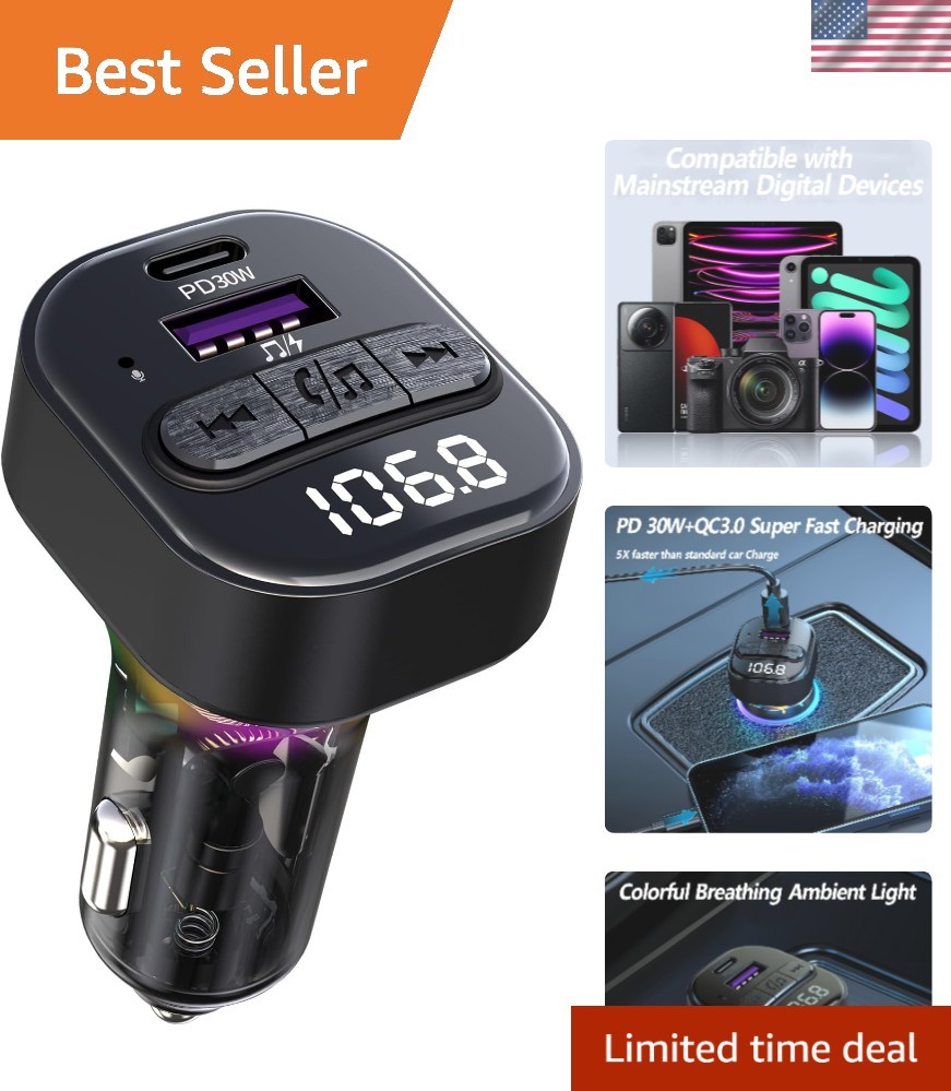 High-Fidelity Bluetooth 5.3 FM Transmitter for Cars - Fast Charging & Hands-F...