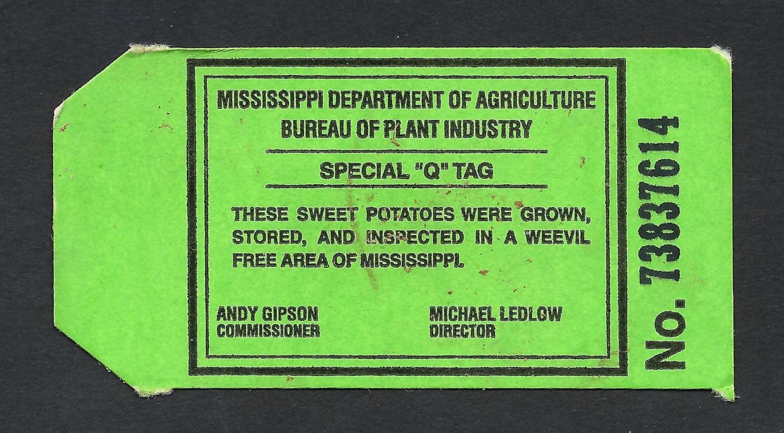 Mississippi Sweet Potato Tag - Unlisted State Revenue Light Green Colored Paper