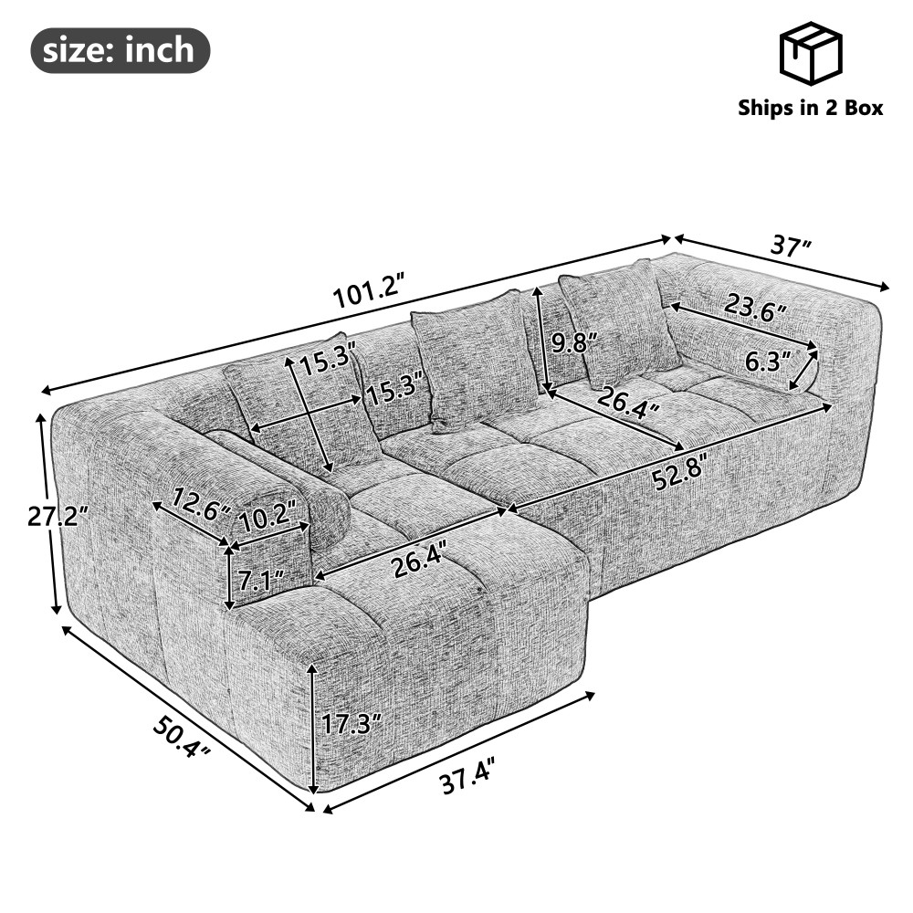 3-Seat Modular Sectional Sofa, Tufted Back with Side Pockets, Light Grey