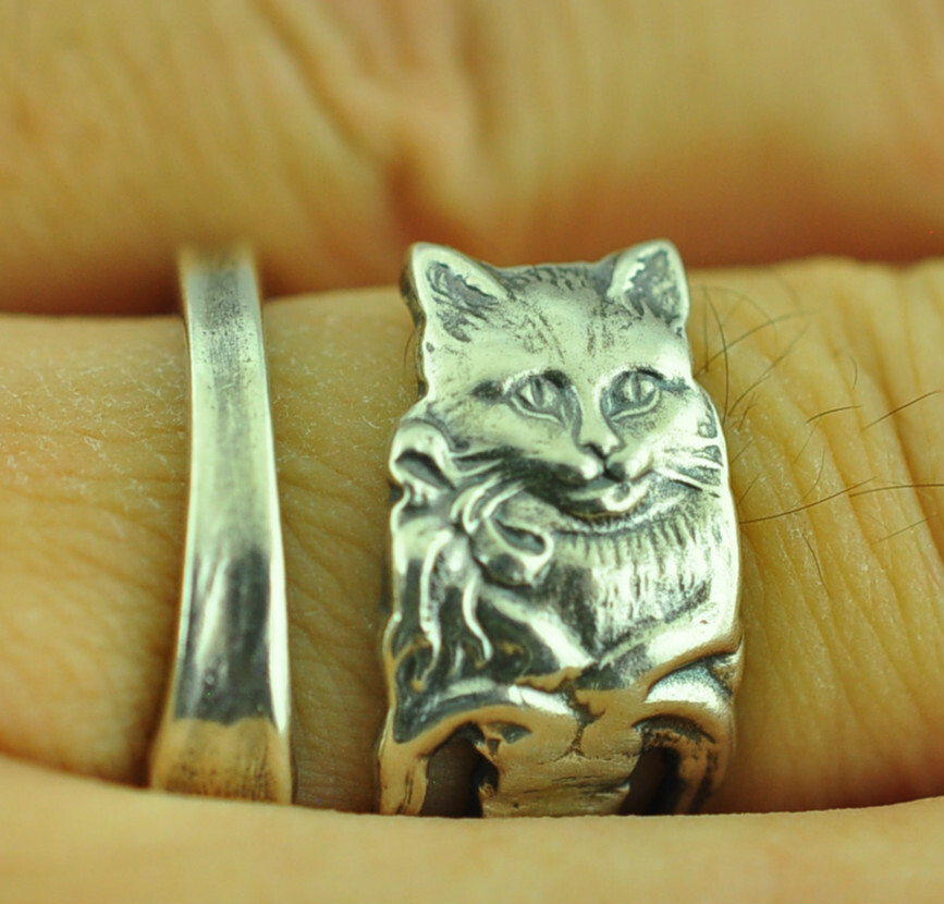Dainty Solid 925 Sterling Silver My Little Kitty Cat Adjustable Spoon Ring