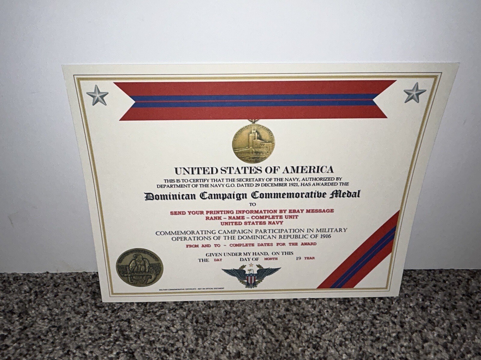 DOMINICAN CAMPAIGN (NAVY) COMMEMORATIVE MEDAL CERTIFICATE ~ W/PRINTING TYPE-1