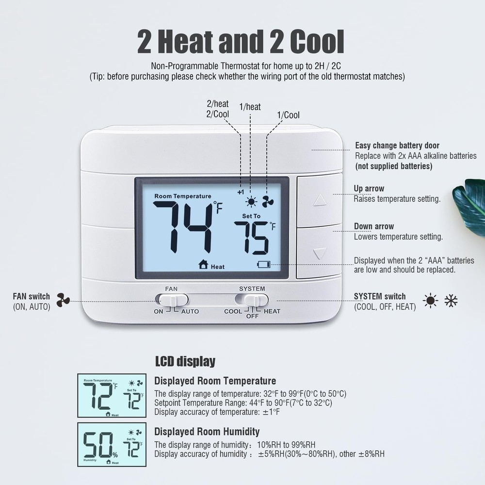 Non Programmable Thermostat for Home 2 Heat 2 Cool Multistage System, White