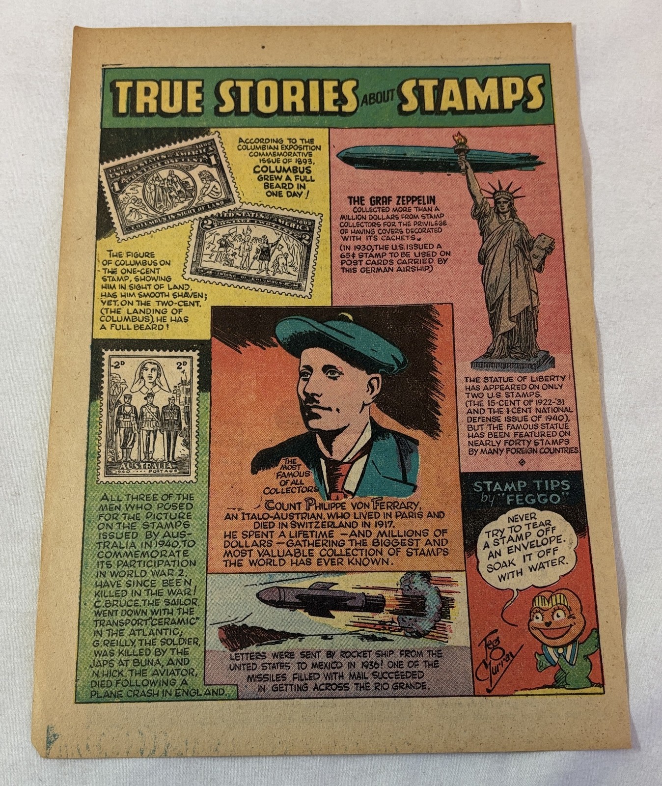 1949 cartoon page TRUE STORIES ABOUT STAMPS Graf Zeppelin,Philippe von Ferrary++