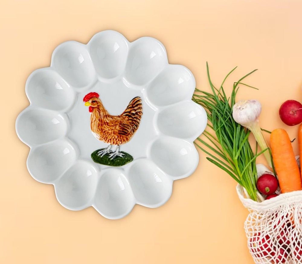 dgudgu Ceramic Deviled Egg Platter White Deviled Egg Tray With Chicken Patter...