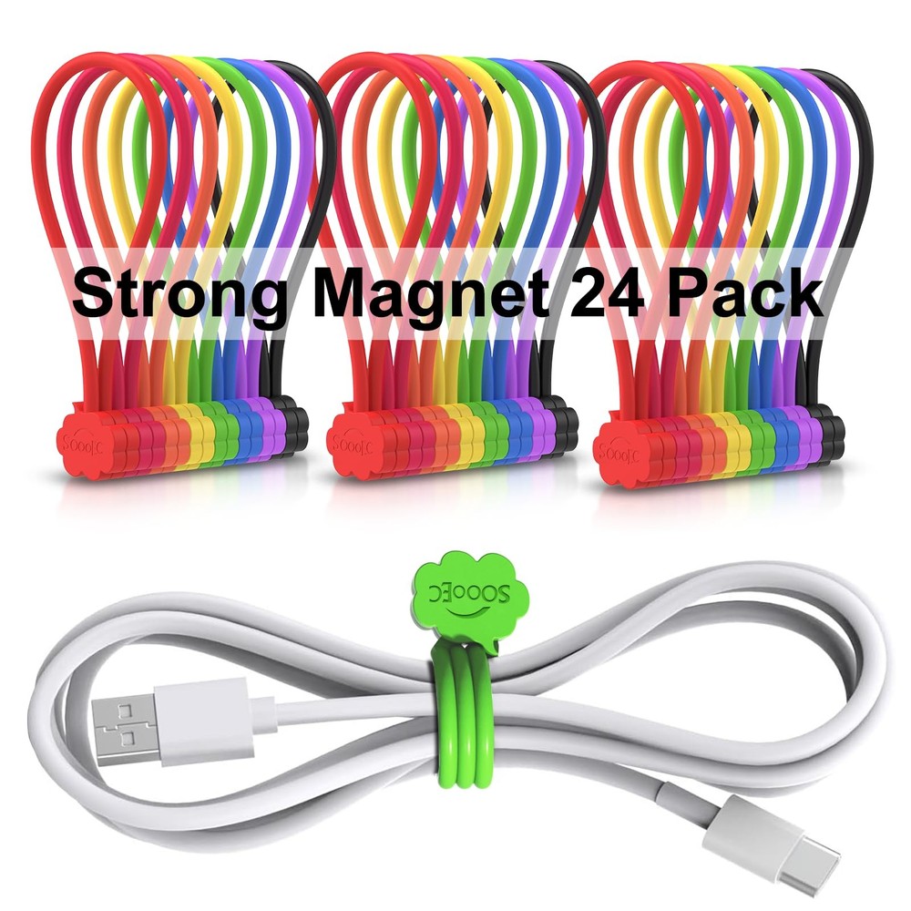 SOOOEC Magnetic Cable Ties, 24 Pack 7.2" 24 Pack, Assorted Color