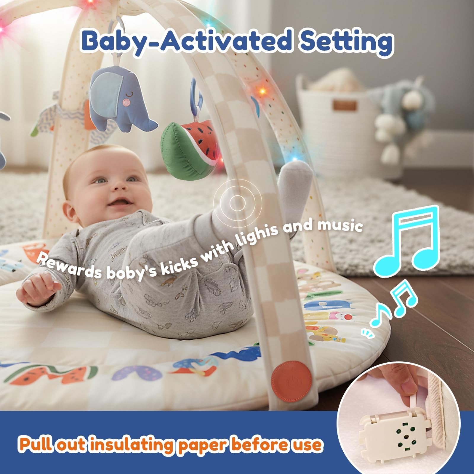 Baby Play Gym & Activity Mat with Light-up Musical Arch, Washable Tummy Time ...