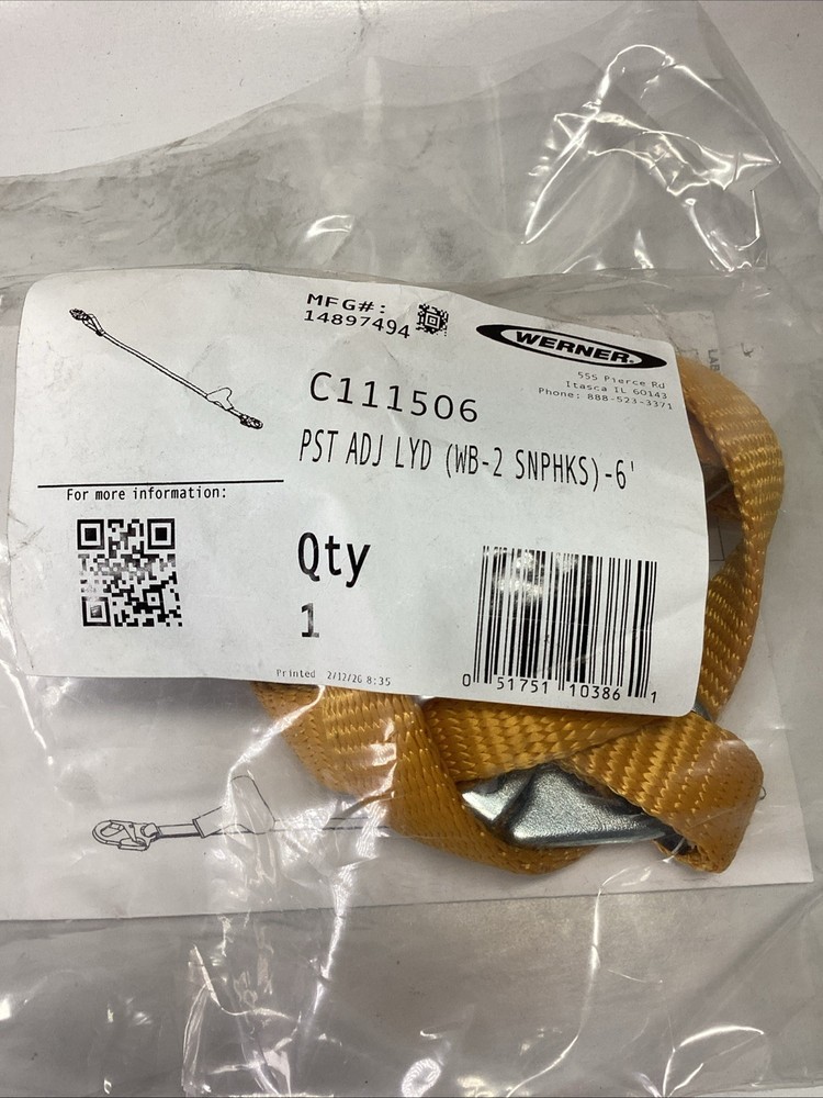 Werner C111506 6' Web Positioning Adjustable Lanyard Snap Hook Yellow