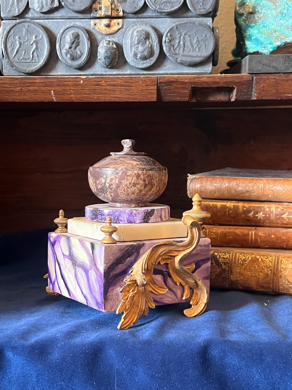 Napoleon III Style French Inkwell With Gilt Bronze Appliques and Marble Basin