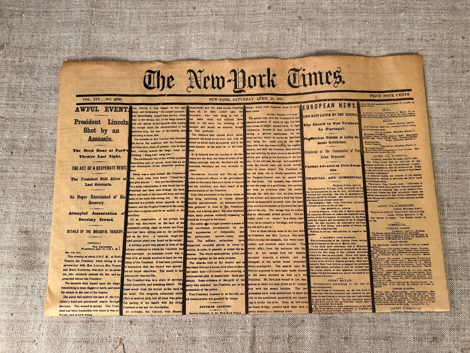 Lot of 5 NEW YORK TIMES 1861-1865 Major events in Civil War, Reprod. of original