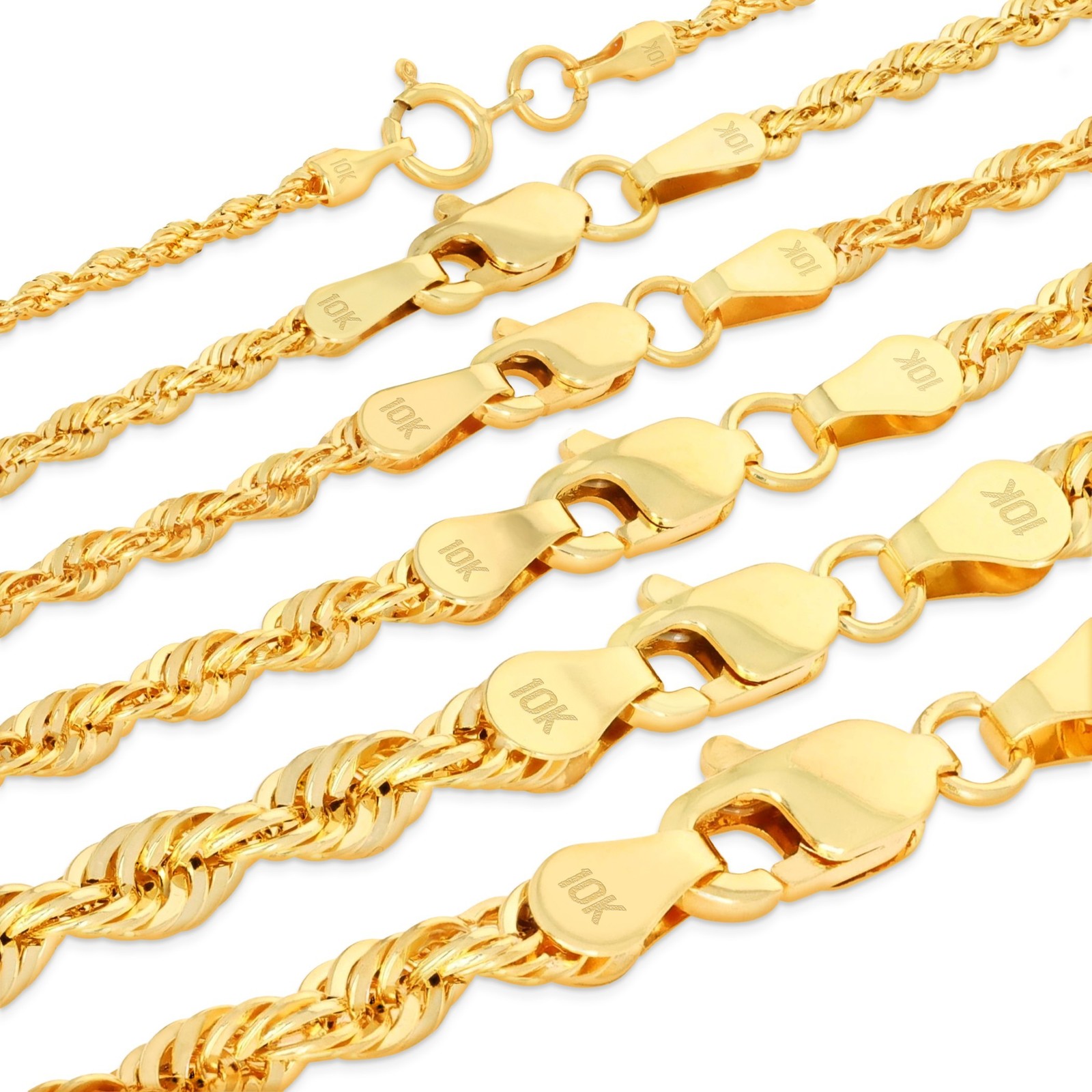 10K Yellow Gold 1mm-4mm Laser Diamond Cut Rope Chain Necklace Men Women 16"- 30"