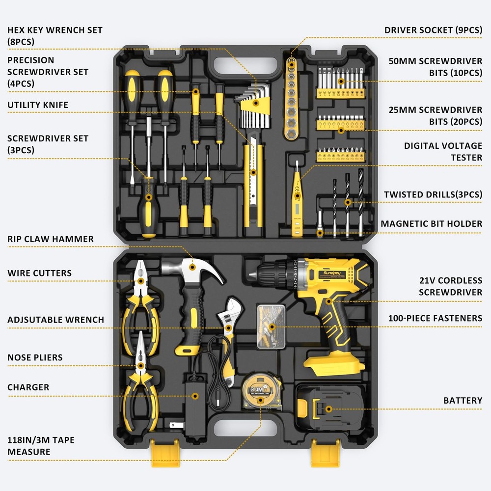 Tool Kit with 21V Drill - 170-PCs Portable General Basic Home Repair Tool Set...