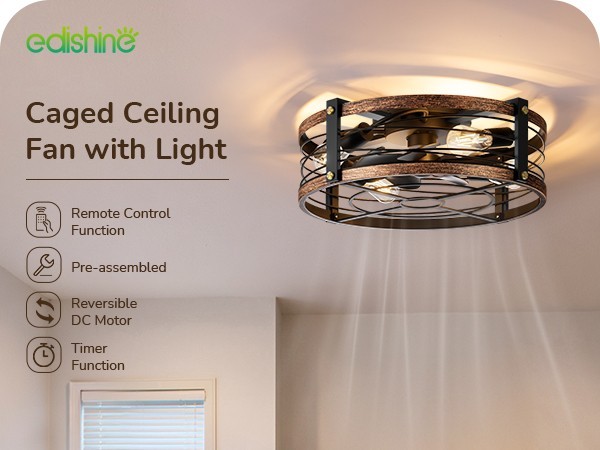 EDISHINE Pre-Assembled Ceiling Fan with Light & Remote 21" Flush Mount Farmhouse