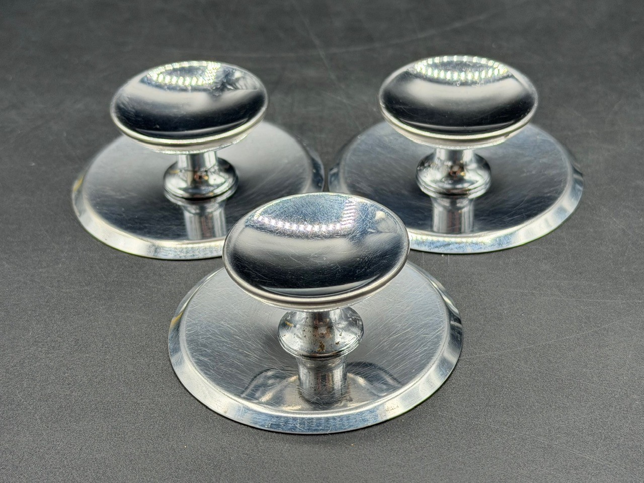 3 Vintage Chrome Concave Round Pull Knobs w/ Matching Backplates & Screws.