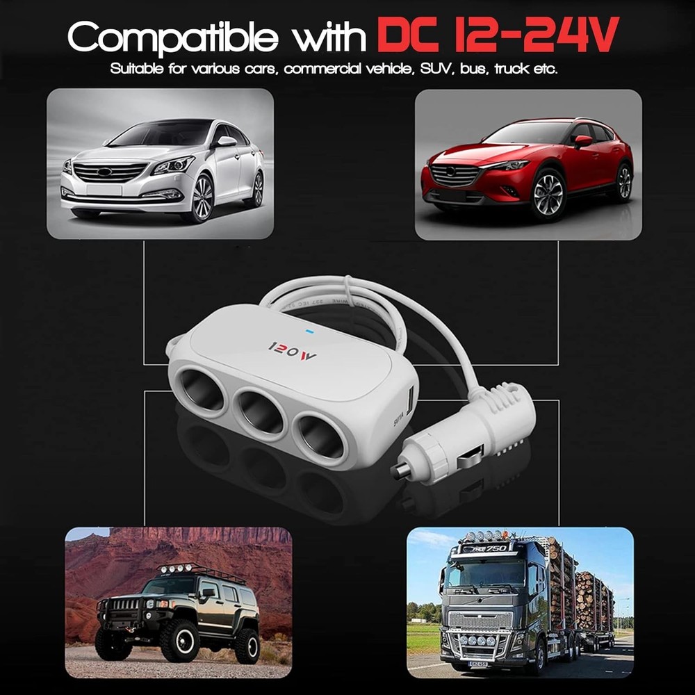 3-Socket Car Cigarette Lighter Splitter Adapter, 2 USB Splitter Extender [120W]