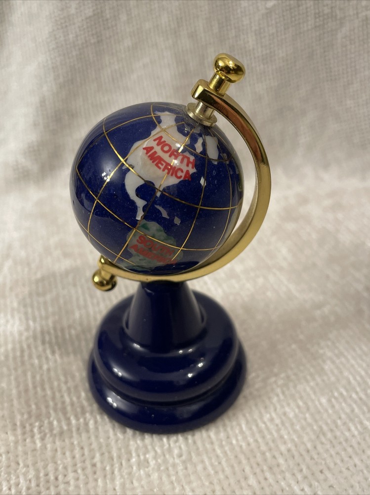 Desktop Globe Semi Precious Inlaid 3.5” Lapis Abalone Pearl EUC