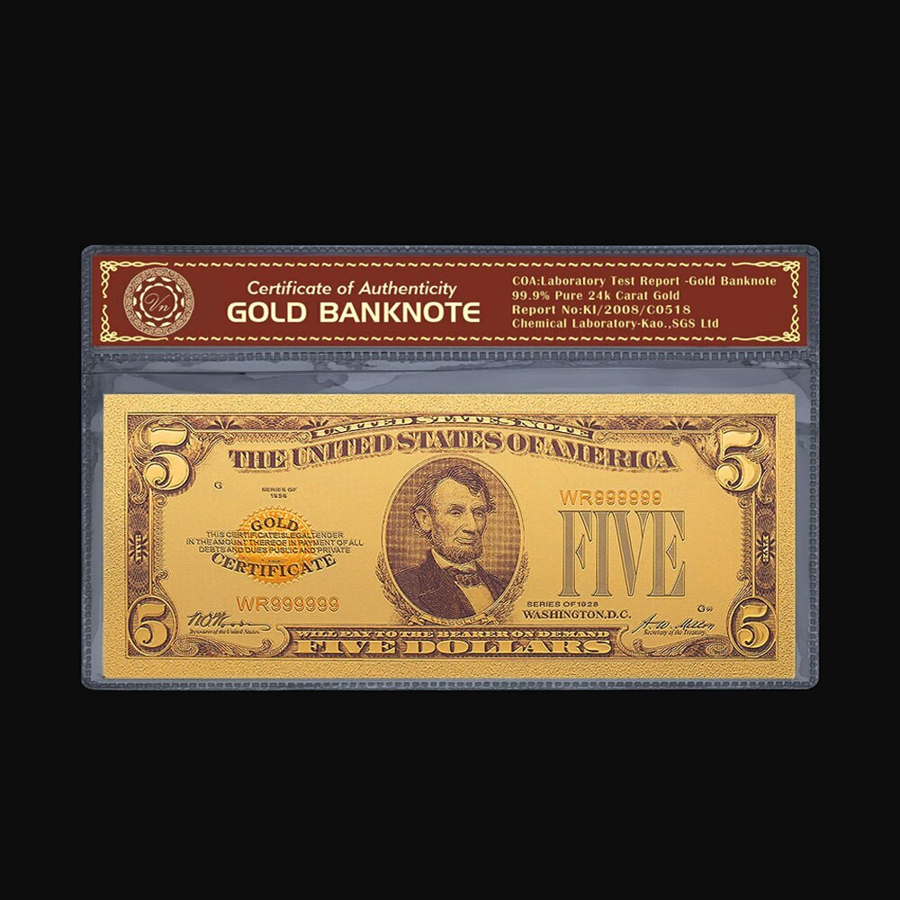 1928 US $5 Gold Banknote With bag and certificate of authenticity