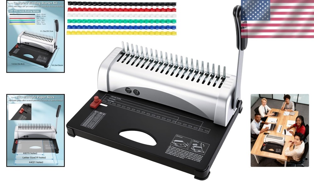 Multi-Size Comb Binding Machine - Binds 450 Sheets with 100 Colored PVC Spines