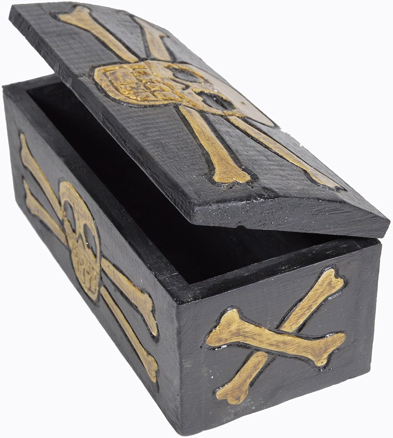 HAND CARVED WOOD SKULL PIRATE CROSS SKELETON TREASURE BOX CHEST