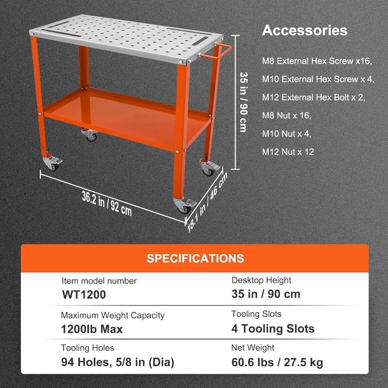 Welding Table, 1200lbs Load Capacity Steel Welding Workbench Table on Wheels