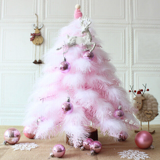 Mini Christmas Tree Tabletop Artificial Tree with Feather Leaf LED String Lights
