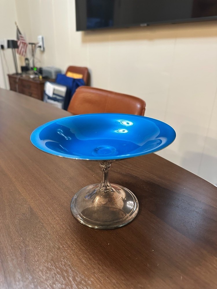 Vintage Reed & Barton 141 Blue Enamel Silver Plate Pedestal Shallow Compote