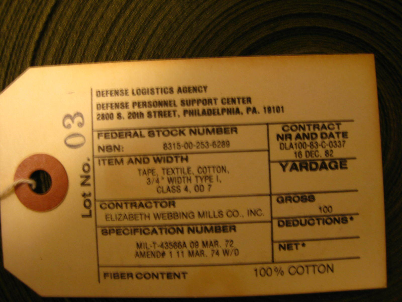 3/4" Mil-Spec Cotton OD, Military Webbing TAPE 3/4 INCH MIL-T 43566A 100 Yd