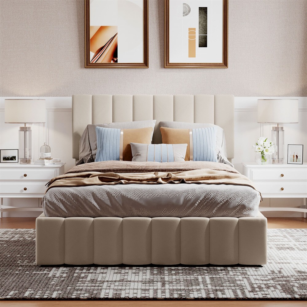Full Size Upholstered Platform Bed Frame w/ Hydraulic Storage System Beige