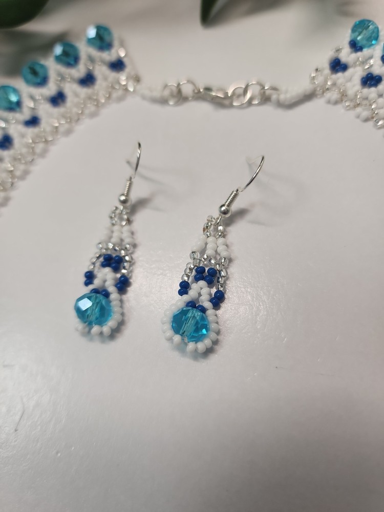 Blue Beaded Necklace With Earrings