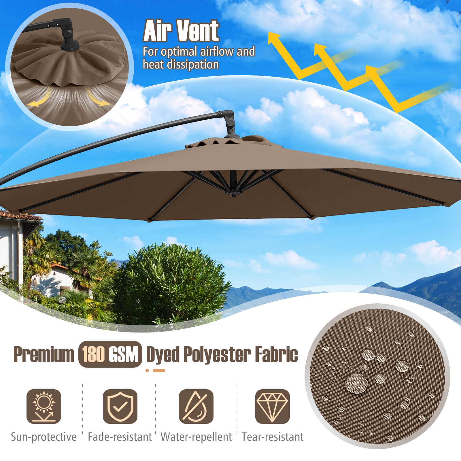 10 FT Offset Hanging Umbrella with Base Patio Cantilever Umbrella 360° Rotation