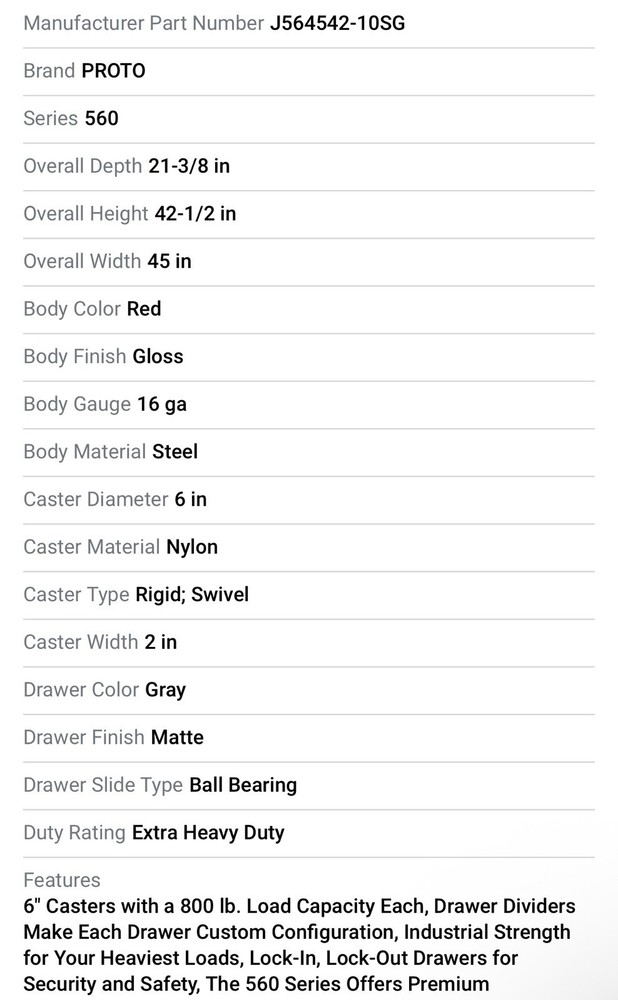 Proto 10-Drawer Heavy-Duty Rolling Tool Box Cabinet