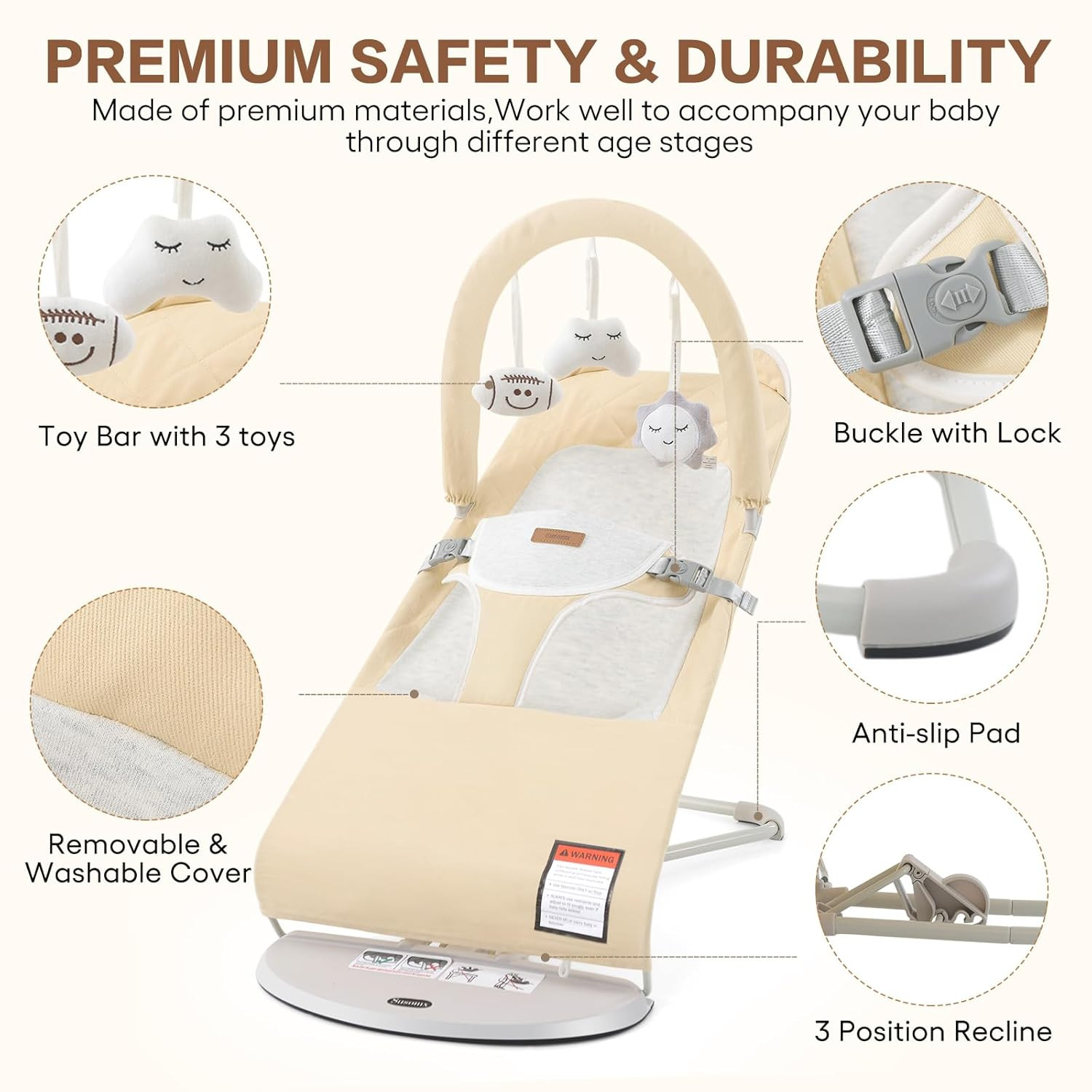 Baby Bouncer - Foldable Infant Bouncer Seat with 3 Adjustable Heights for 0-18 M