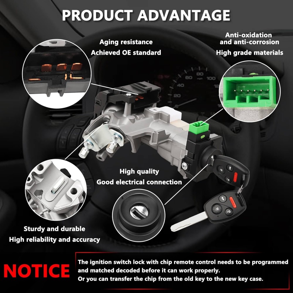 RAMATA Ignition Switch Lock Cylinder with Key (with Blank Chip) Compatible wi...