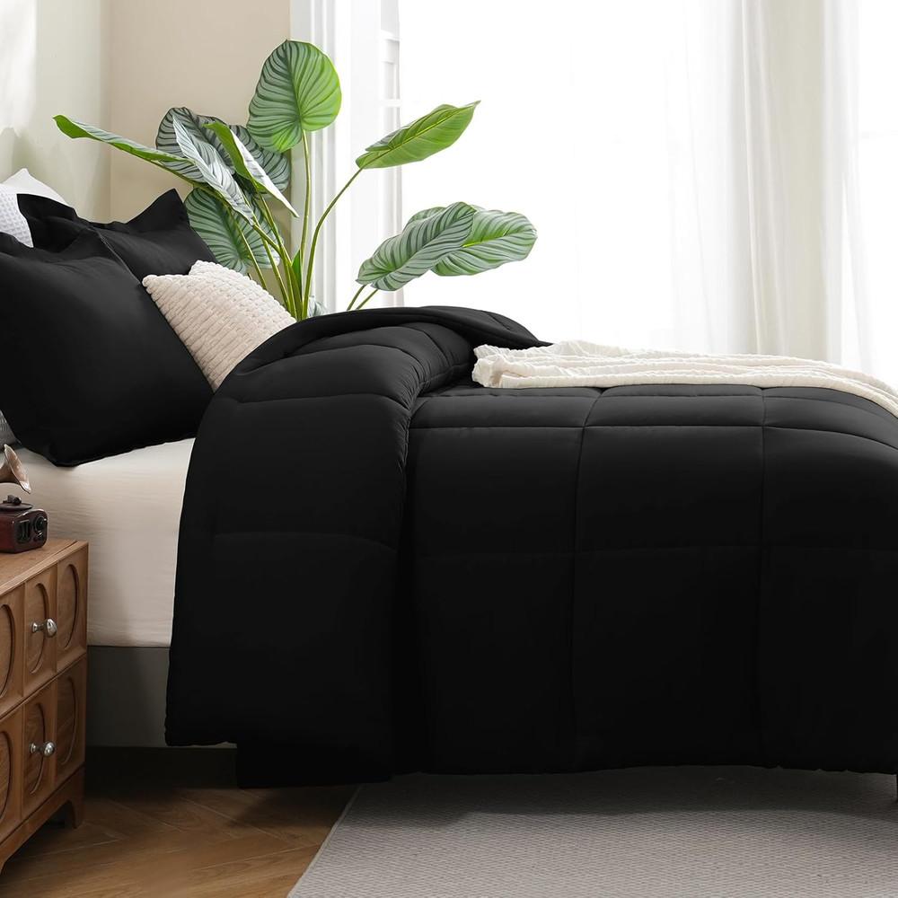 Full Size Comforter Sets - Black Comforter Full Size, 3 Pieces Box Stitched Bed