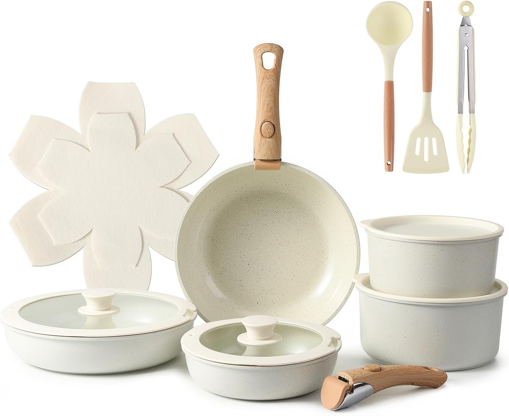15PCS Ceramic Cookware Sets Detachable Handle Pots & Pans Set Non Stick White