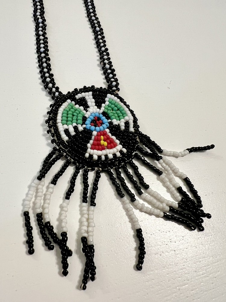 Native American Indian Handmade Beaded Thunderbird Eagle Necklace Leather Back