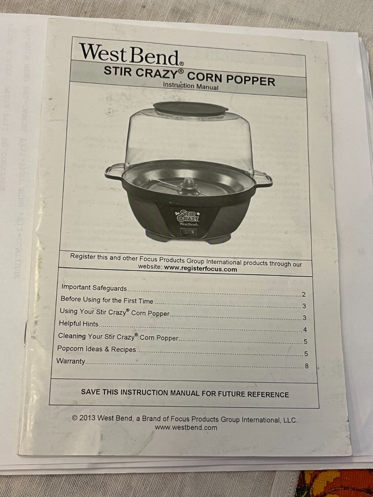 West Bend Stir Crazy Popcorn Popper replacement instructions