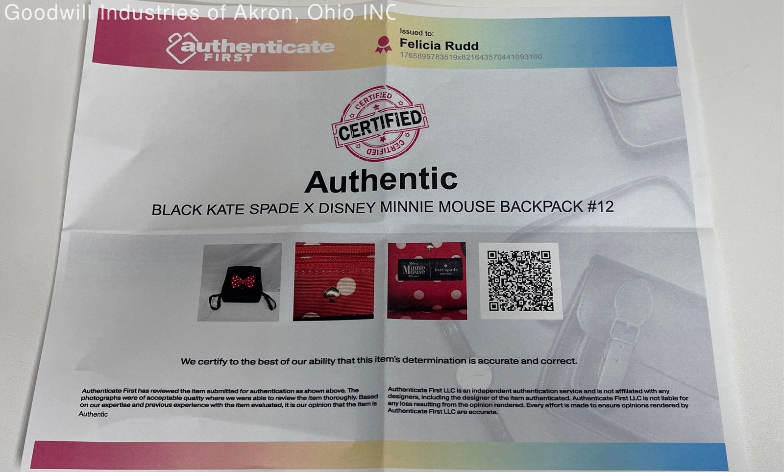 Kate Spade Disney Black Minnie Mouse Saffiano Leather Backpack COA