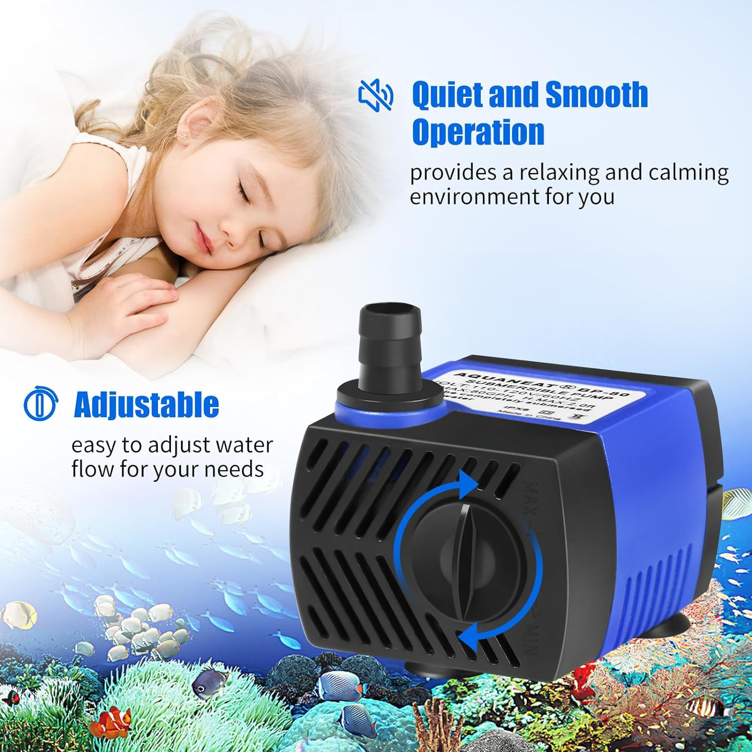 Small Fountain Pump, 80 GPH Mini Submersible Water Pump with 3.3 Ft Tubing, for