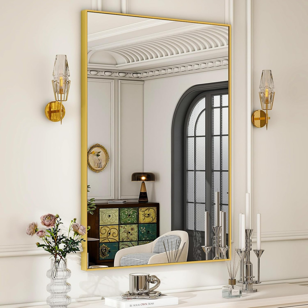 Gold Rectangular Bathroom Mirror 48"x30" Wall-Mounted Vanity Mirror