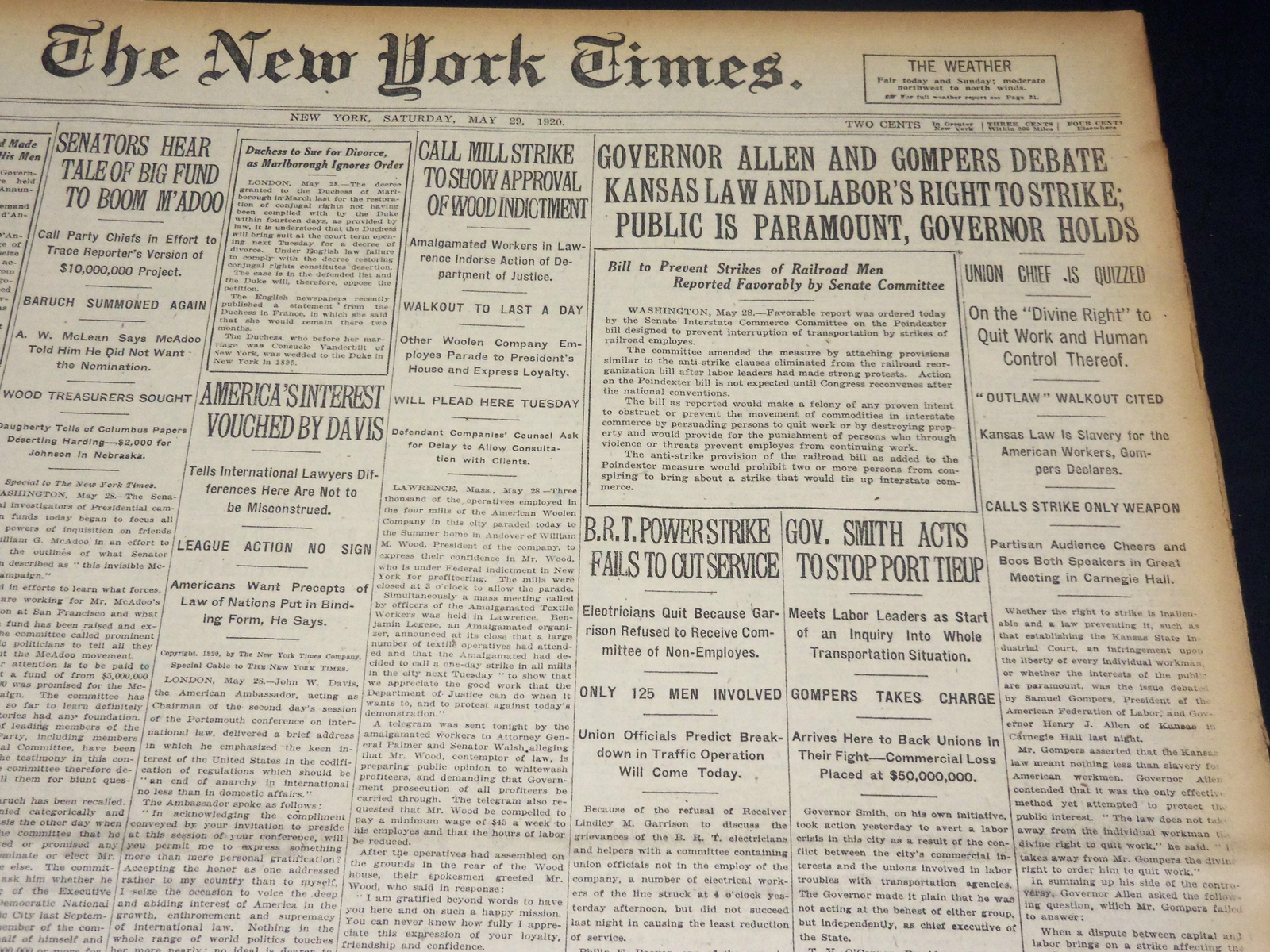 1920 MAY 29 NEW YORK TIMES - GOVERNOR ALLEN AND GOMPERS DEBATE- NT 8679