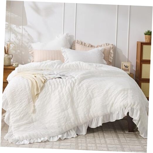 Comforter Set, 3 Pieces Seersucker Comforters Size, Lightweight & King White