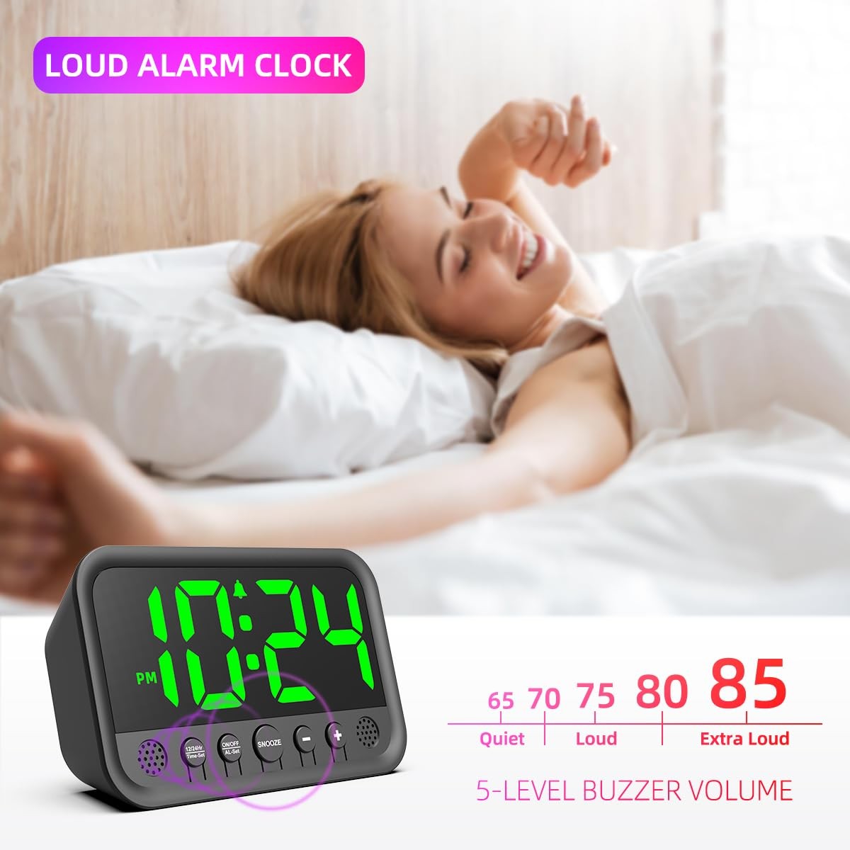 Small LED Digital Alarm Clock Loud Green Plug In