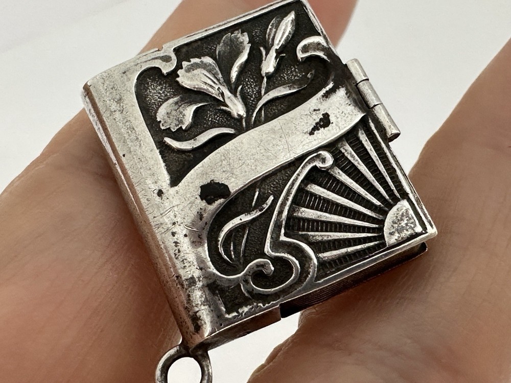 Antique Solid Silver Floral Book Pill Box