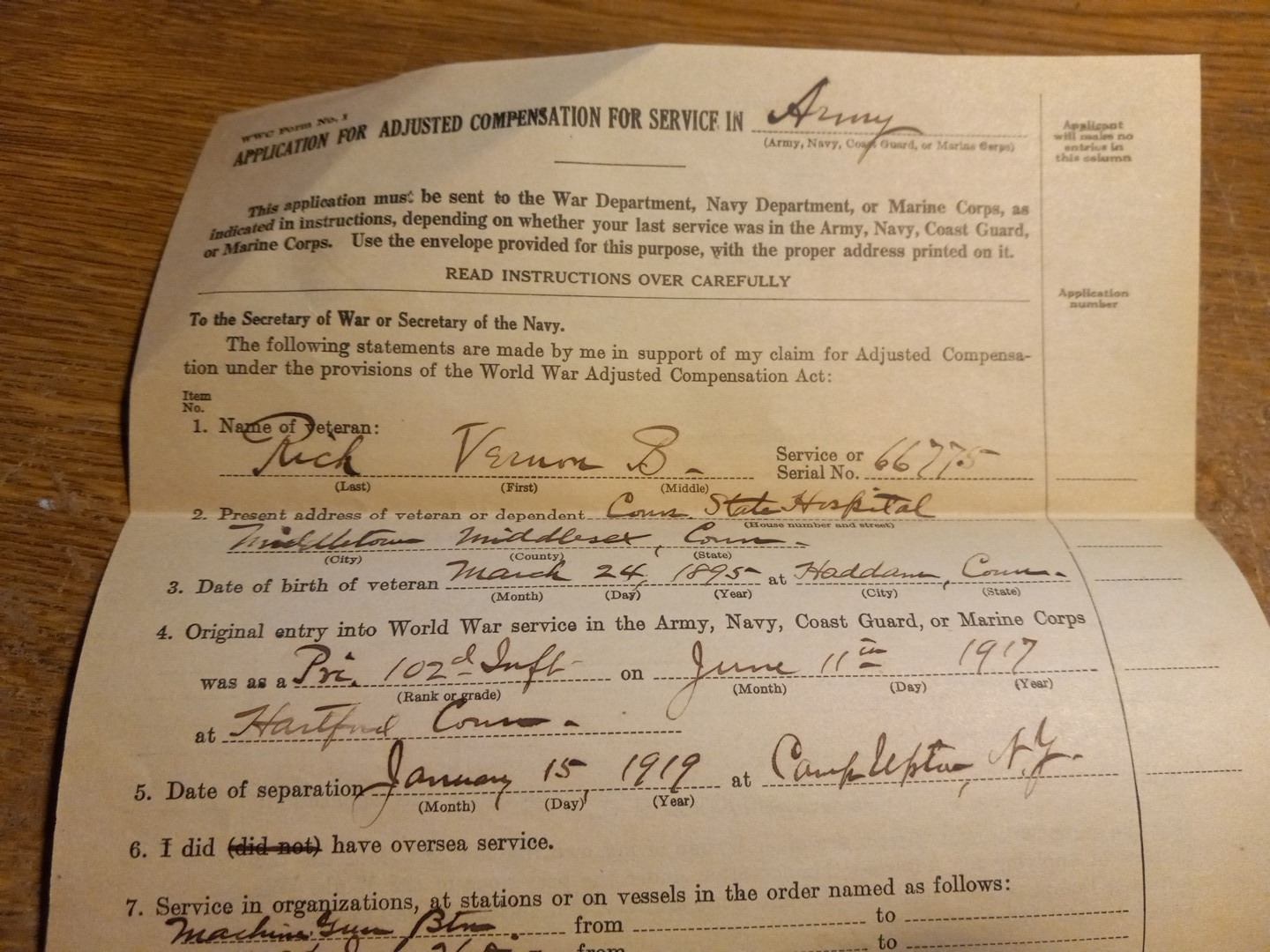 WWI Vernon B.Rich Connecticut 102nd Inf. 26th Div. App for Adjusted Compensation