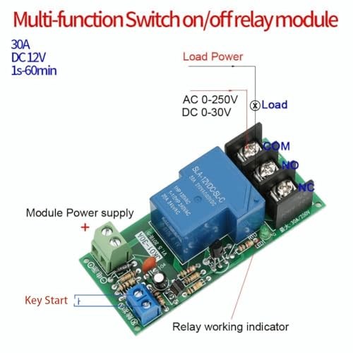 DC 12V Timer Relay Module 0-60min Delay Switch – 30A Load 250V AC/30V DC for