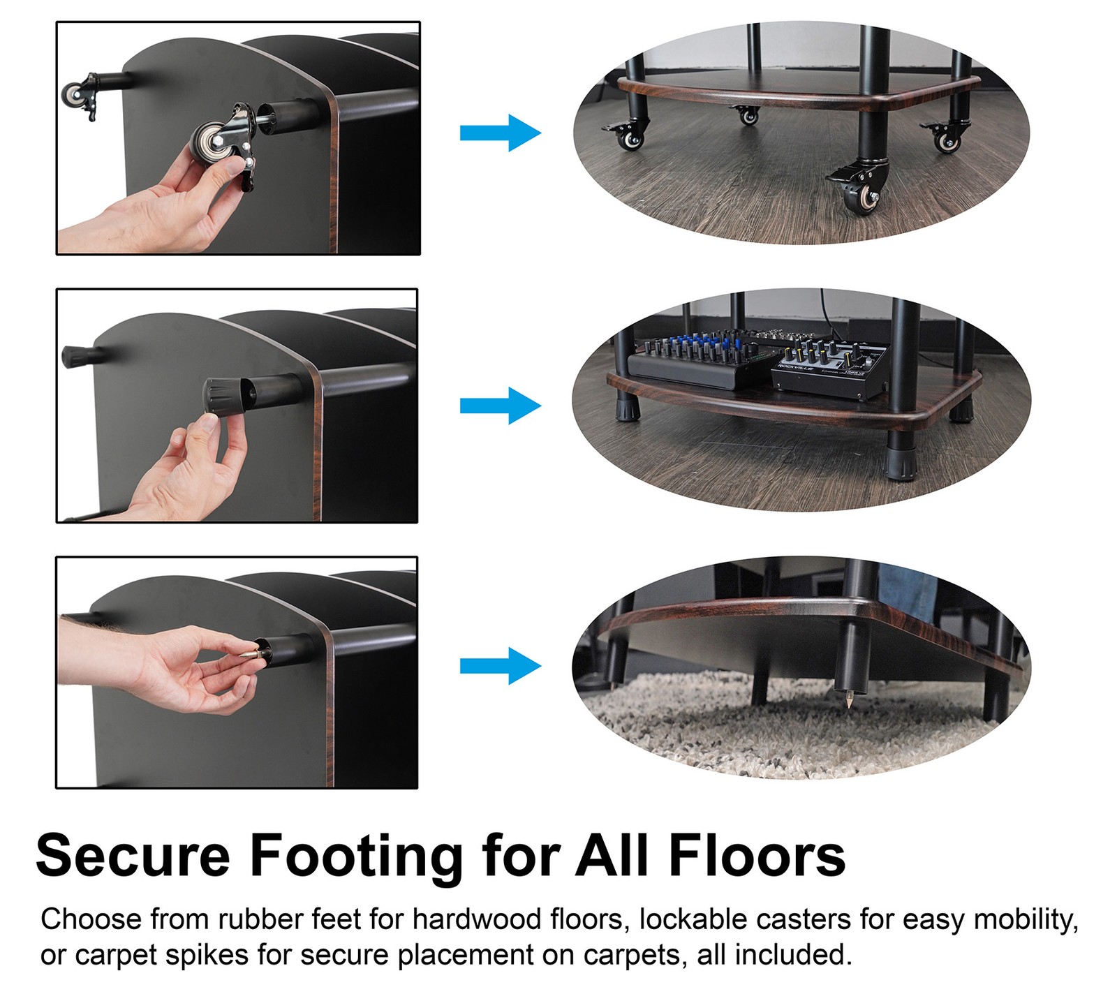 Rockville FLX Dark Wood Adjustable Height 4 Shelf Home Theater Audio Rack Stand